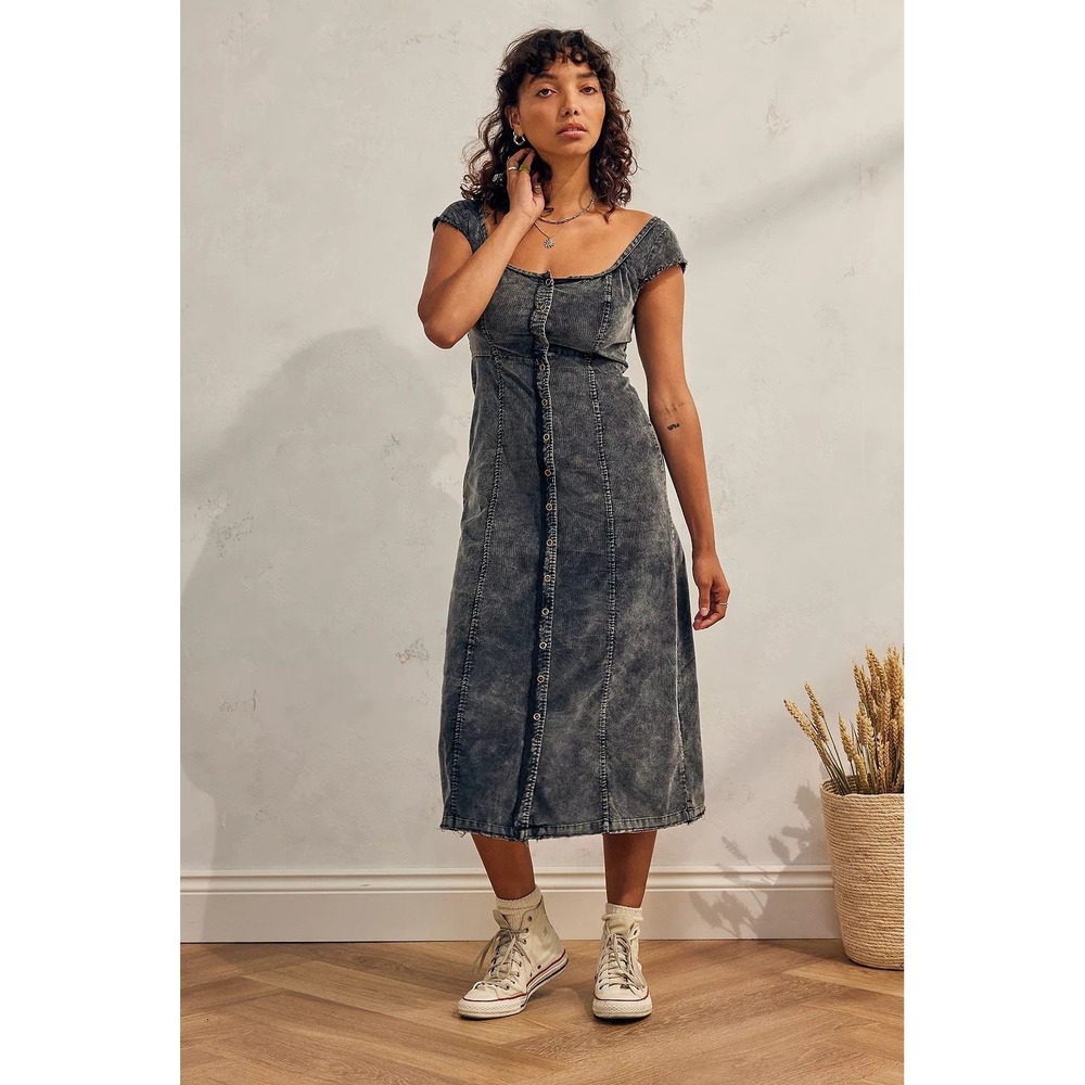 Urban Outfitters Reed Acid Wash Corduroy Button-Through Midi Dress Sz Small